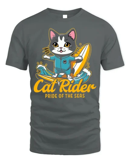 Cat Rider Surfing Graphic T-Shirt for Ocean Lovers - gray t-shirt on white background