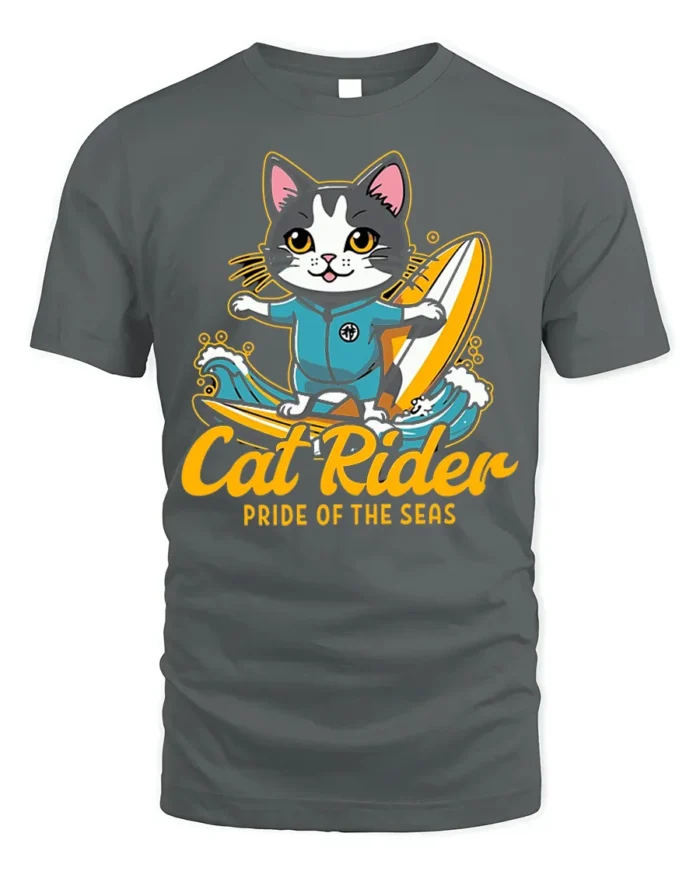 Cat Rider Surfing Graphic T-Shirt for Ocean Lovers - gray t-shirt on white background