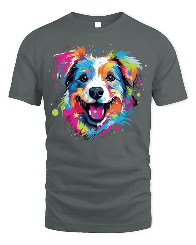 Colorful Artistic Dog Face Graphic T-Shirt - gray t-shirt on white background