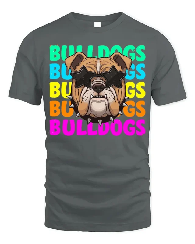 Colorful Bulldogs Graphic T-Shirt Funny Dog Tee - gray t-shirt on white background