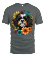 Floral Dog Face Graphic T-Shirt Pet Lover Tee - gray t-shirt on white background