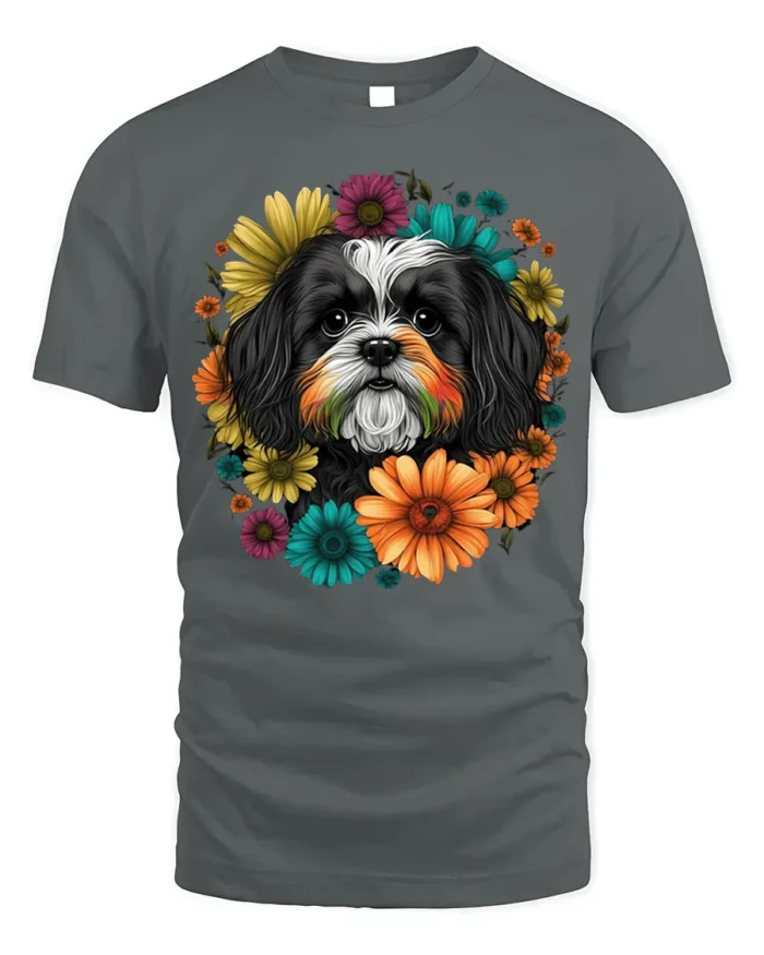 Floral Dog Face Graphic T-Shirt Pet Lover Tee - gray t-shirt on white background