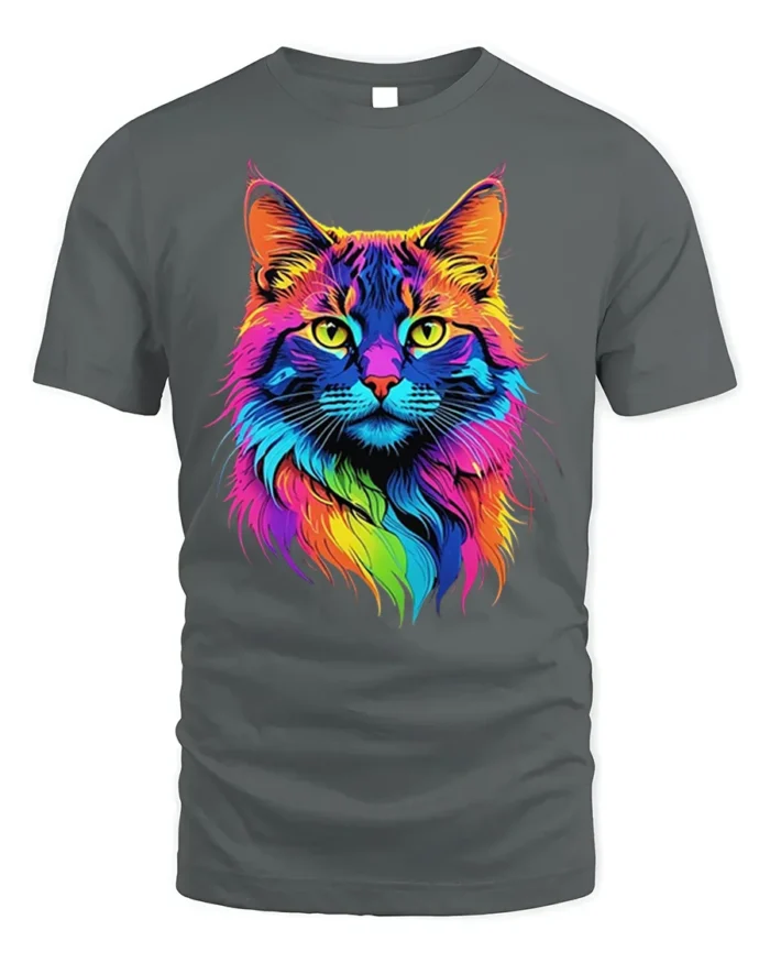 Colorful Neon Cat Face Graphic T-Shirt Artistic Tee - gray t-shirt on white background