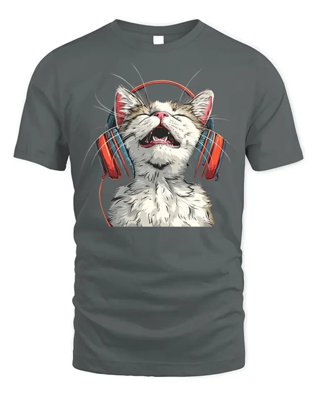 Happy Cat Headphones Music Lover Graphic T-Shirt - gray t-shirt on white background
