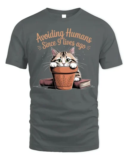Avoiding Humans Funny Cat Graphic T-Shirt Tee - gray t-shirt on white background