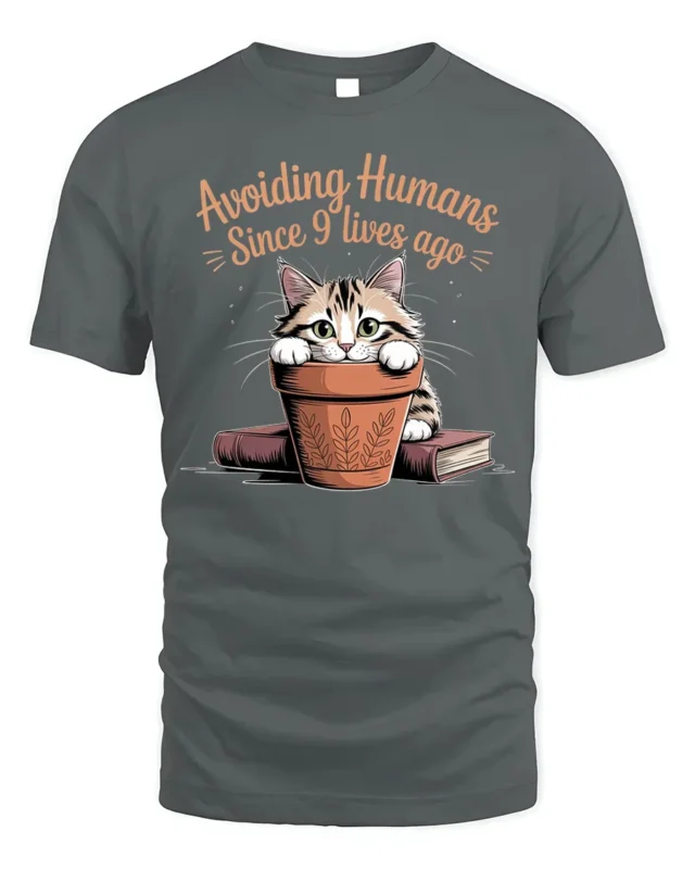 Avoiding Humans Funny Cat Graphic T-Shirt Tee - gray t-shirt on white background