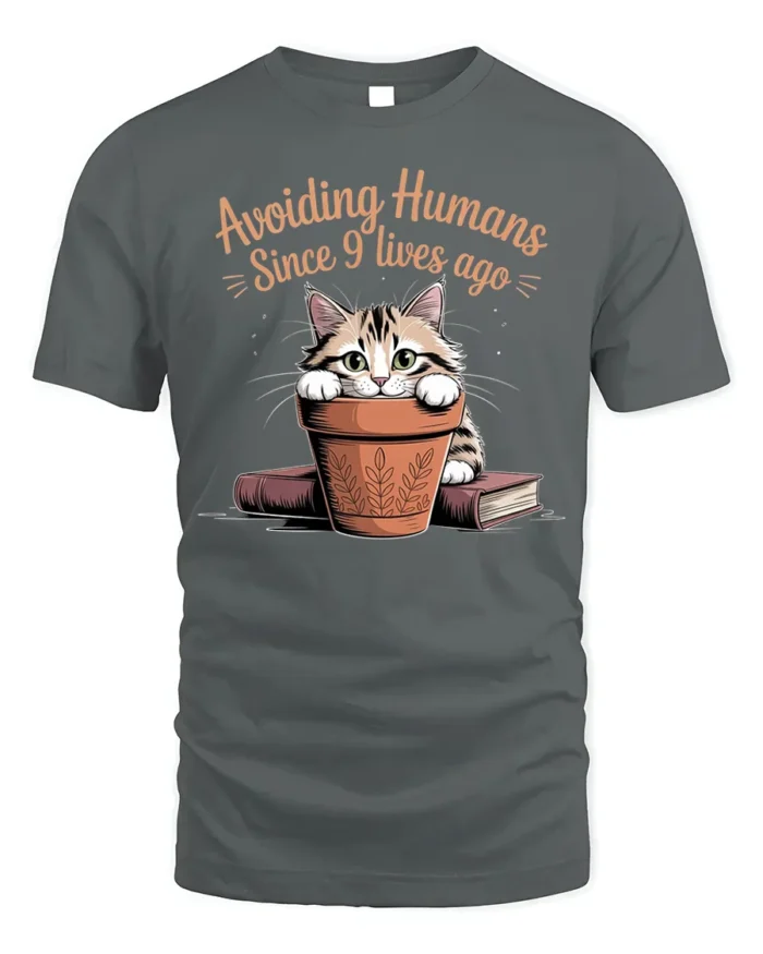 Avoiding Humans Funny Cat Graphic T-Shirt Tee - gray t-shirt on white background