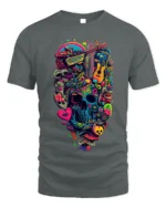Colorful Psychedelic Skull Graphic T-Shirt Tee - gray t-shirt on white background