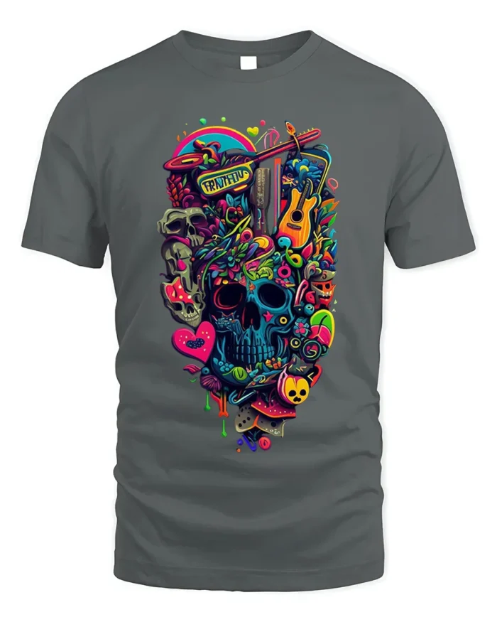 Colorful Psychedelic Skull Graphic T-Shirt Tee - gray t-shirt on white background