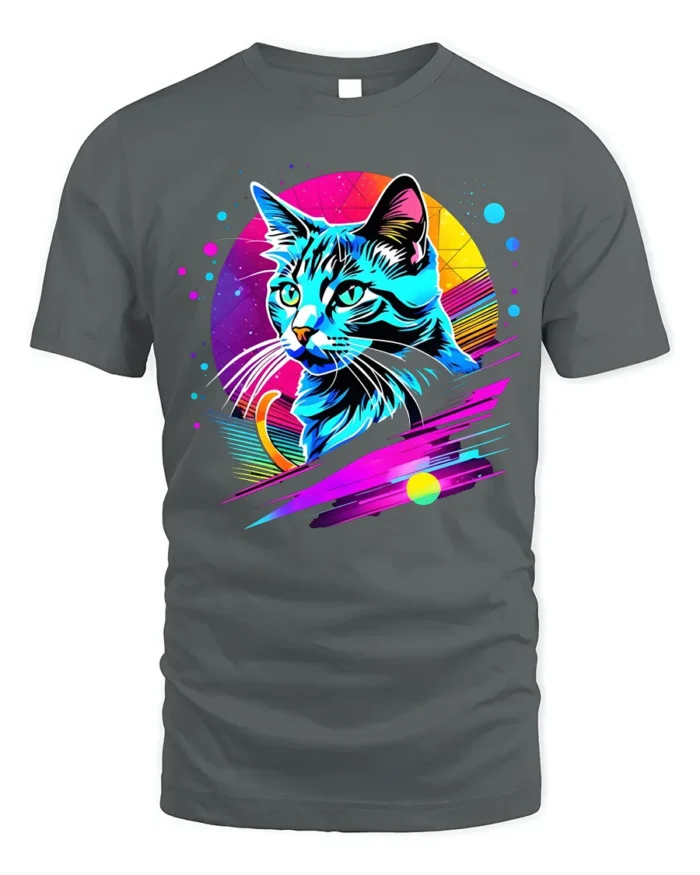 Neon Retro Cat Graphic T-Shirt Colorful Art Tee - gray t-shirt on white background