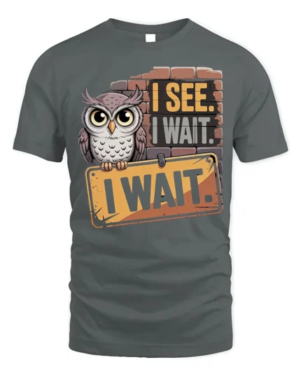 I See I Wait Owl Graphic Funny Quote T-Shirt - gray t-shirt on white background