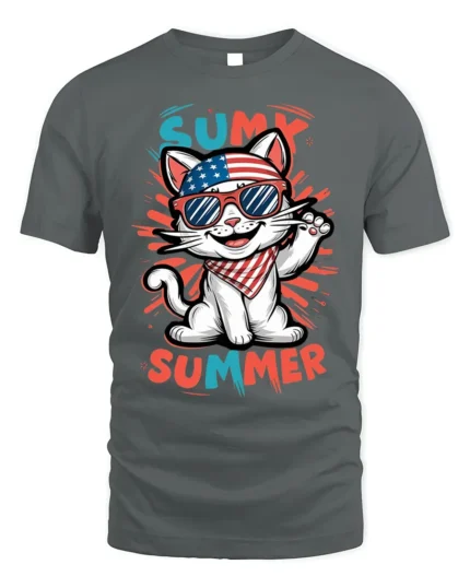 Patriotic Summer Cat Graphic T-Shirt USA Style - gray t-shirt on white background