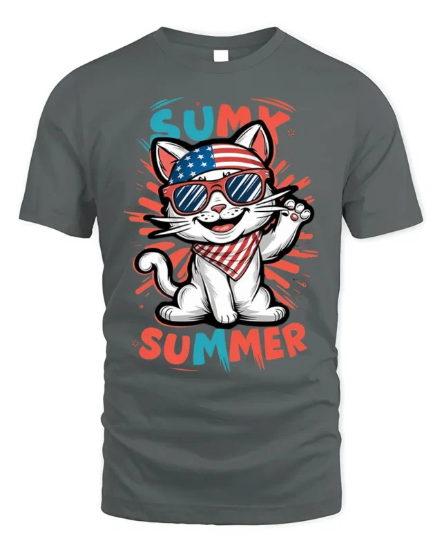 Patriotic Summer Cat Graphic T-Shirt USA Style - gray t-shirt on white background