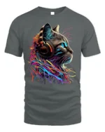 Colorful DJ Cat Headphones Graphic T-Shirt - gray t-shirt on white background