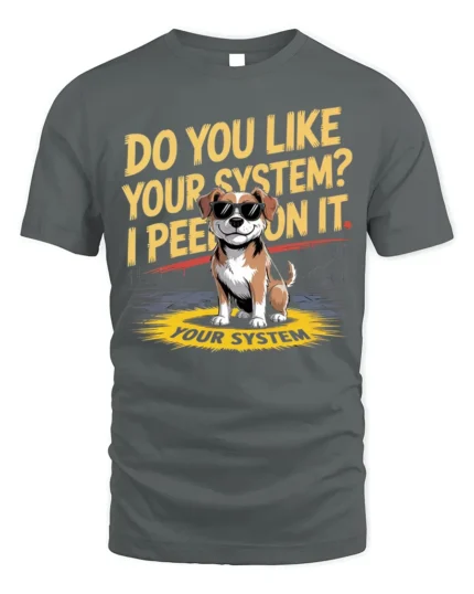 Funny Dog System Joke Graphic T-Shirt Humor Tee - gray t-shirt on white background