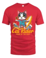Cat Rider Surfing Graphic T-Shirt for Ocean Lovers - red t-shirt on white background