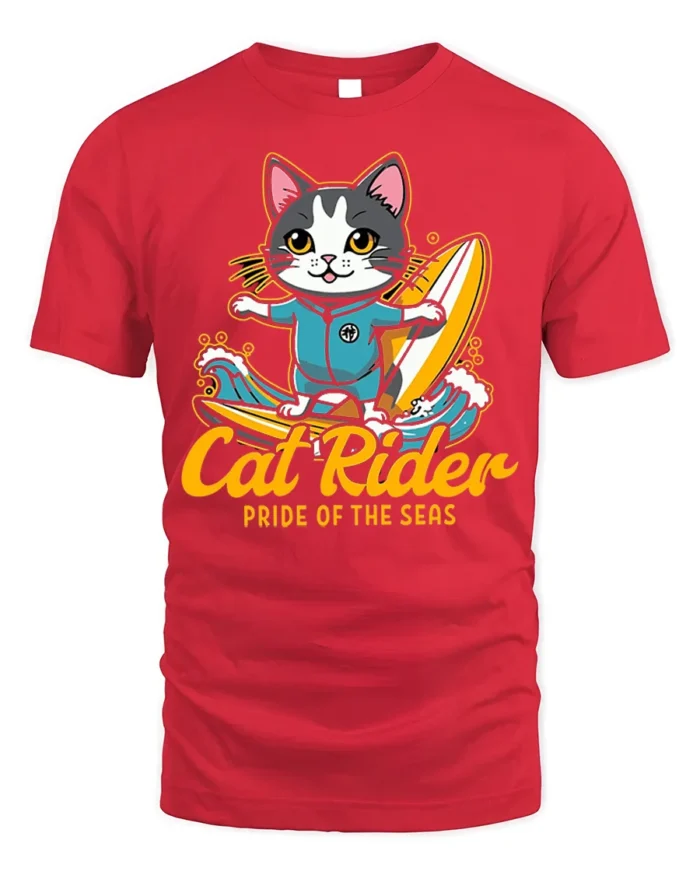 Cat Rider Surfing Graphic T-Shirt for Ocean Lovers - red t-shirt on white background