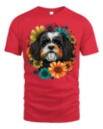 Floral Dog Face Graphic T-Shirt Pet Lover Tee - red t-shirt on white background