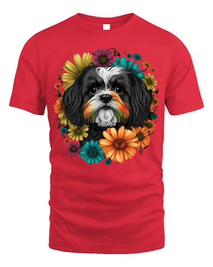 Floral Dog Face Graphic T-Shirt Pet Lover Tee - red t-shirt on white background