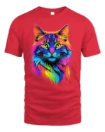 Colorful Neon Cat Face Graphic T-Shirt Artistic Tee - red t-shirt on white background