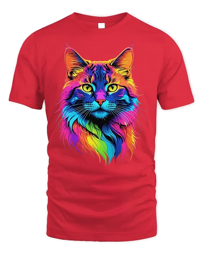 Colorful Neon Cat Face Graphic T-Shirt Artistic Tee - red t-shirt on white background