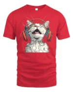 Happy Cat Headphones Music Lover Graphic T-Shirt - red t-shirt on white background