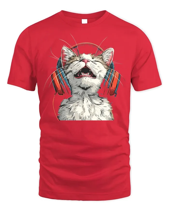 Happy Cat Headphones Music Lover Graphic T-Shirt - red t-shirt on white background