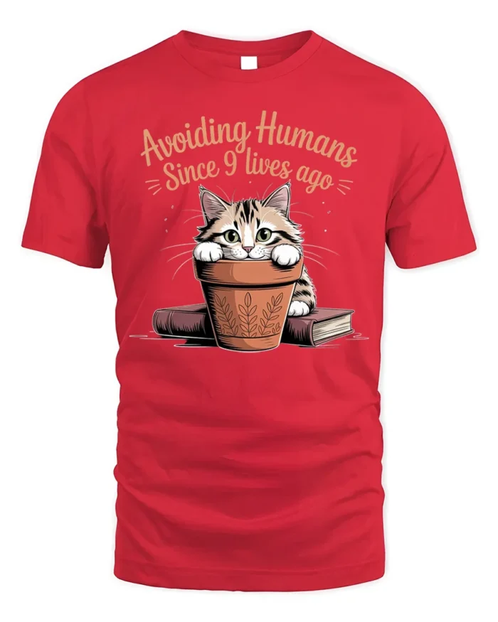 Avoiding Humans Funny Cat Graphic T-Shirt Tee - red t-shirt on white background