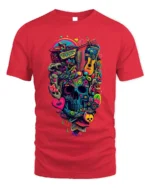 Colorful Psychedelic Skull Graphic T-Shirt Tee - red t-shirt on white background