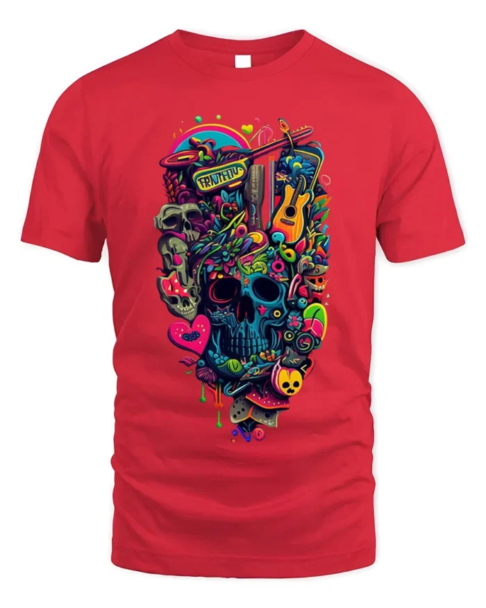 Colorful Psychedelic Skull Graphic T-Shirt Tee - red t-shirt on white background