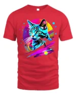 Neon Retro Cat Graphic T-Shirt Colorful Art Tee - red t-shirt on white background
