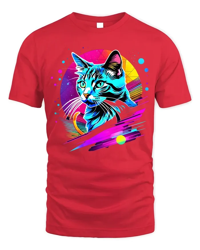 Neon Retro Cat Graphic T-Shirt Colorful Art Tee - red t-shirt on white background