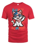 Patriotic Summer Cat Graphic T-Shirt USA Style - red t-shirt on white background