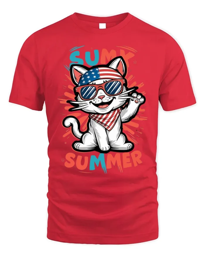 Patriotic Summer Cat Graphic T-Shirt USA Style - red t-shirt on white background
