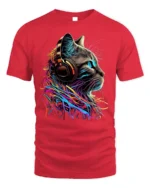 Colorful DJ Cat Headphones Graphic T-Shirt - red t-shirt on white background