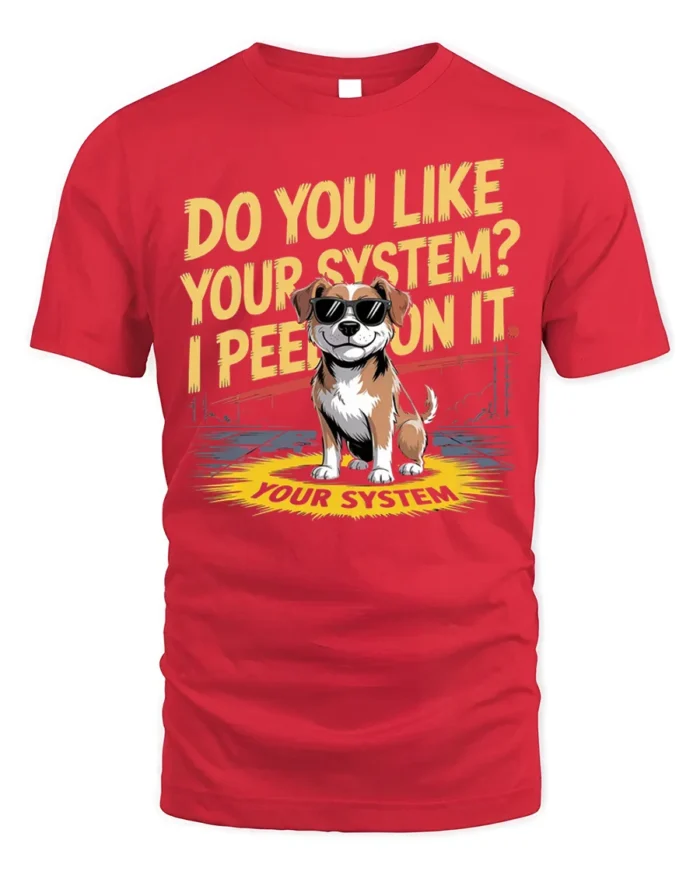 Funny Dog System Joke Graphic T-Shirt Humor Tee - red t-shirt on white background