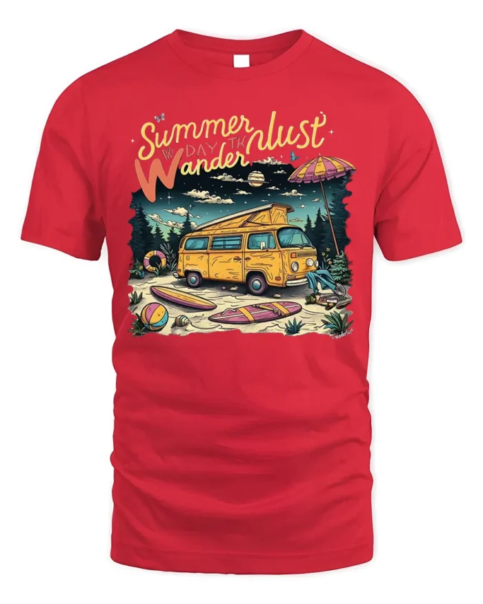 Summer Wanderlust Beach Van Graphic T-Shirt - red t-shirt on white background