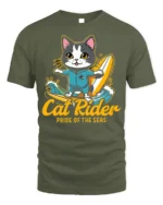 Cat Rider Surfing Graphic T-Shirt for Ocean Lovers - military green t-shirt on white background