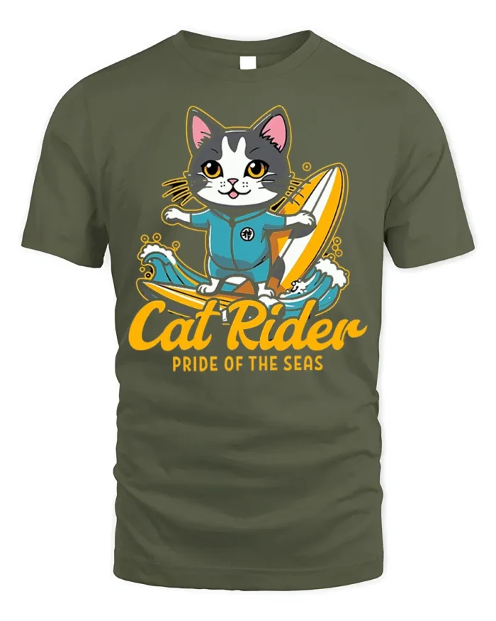 Cat Rider Surfing Graphic T-Shirt for Ocean Lovers - military green t-shirt on white background