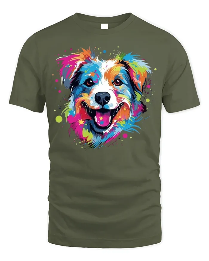 Colorful Artistic Dog Face Graphic T-Shirt - military green t-shirt on white background