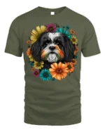 Floral Dog Face Graphic T-Shirt Pet Lover Tee - military green t-shirt on white background