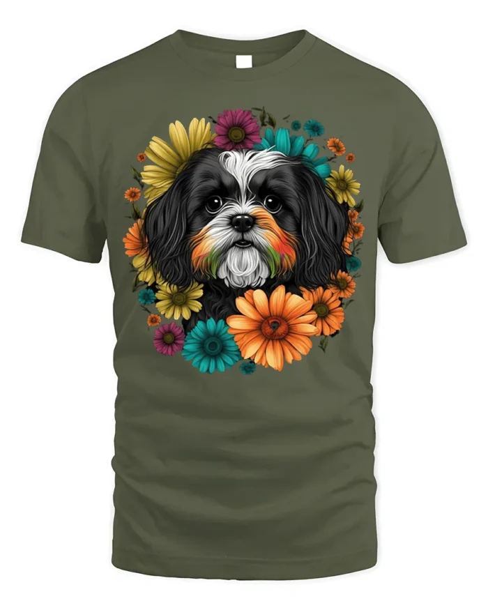 Floral Dog Face Graphic T-Shirt Pet Lover Tee - military green t-shirt on white background