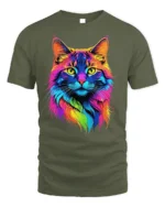 Colorful Neon Cat Face Graphic T-Shirt Artistic Tee - military green t-shirt on white background
