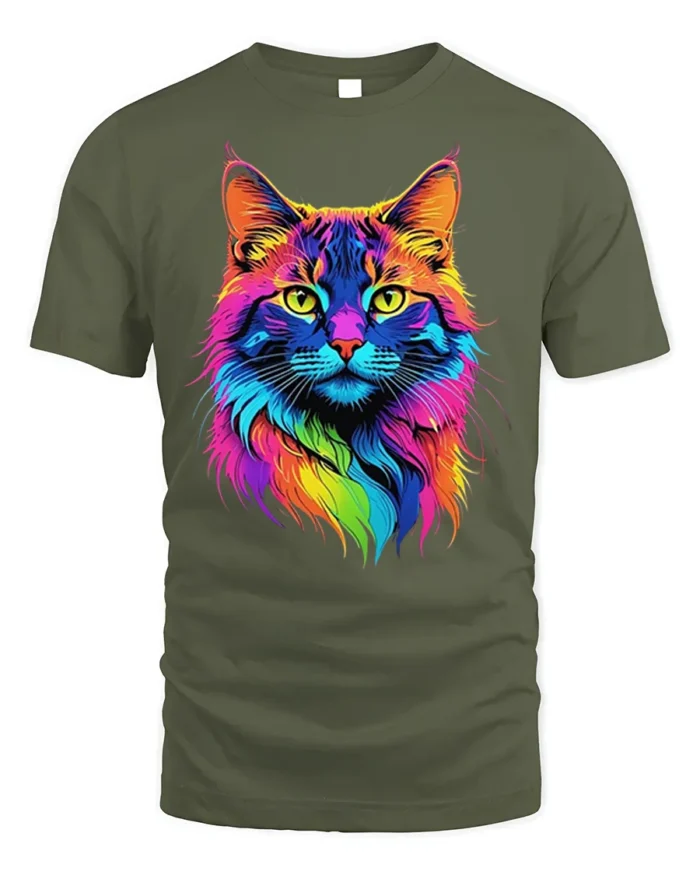 Colorful Neon Cat Face Graphic T-Shirt Artistic Tee - military green t-shirt on white background