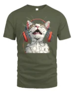 Happy Cat Headphones Music Lover Graphic T-Shirt - military green t-shirt on white background