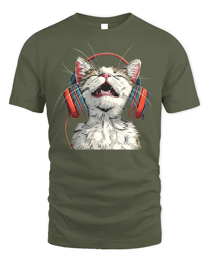 Happy Cat Headphones Music Lover Graphic T-Shirt - military green t-shirt on white background