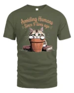 Avoiding Humans Funny Cat Graphic T-Shirt Tee - military green t-shirt on white background