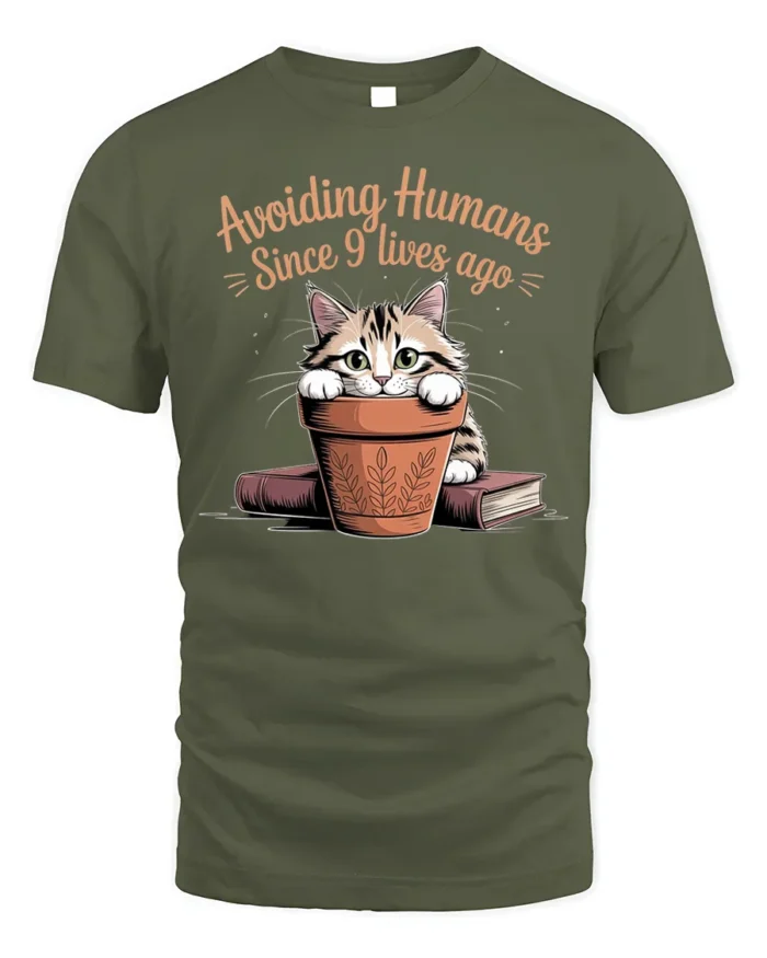 Avoiding Humans Funny Cat Graphic T-Shirt Tee - military green t-shirt on white background