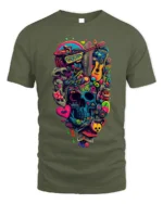 Colorful Psychedelic Skull Graphic T-Shirt Tee - military green t-shirt on white background