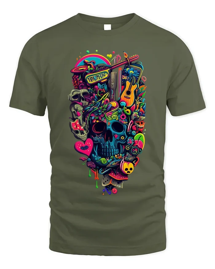Colorful Psychedelic Skull Graphic T-Shirt Tee - military green t-shirt on white background